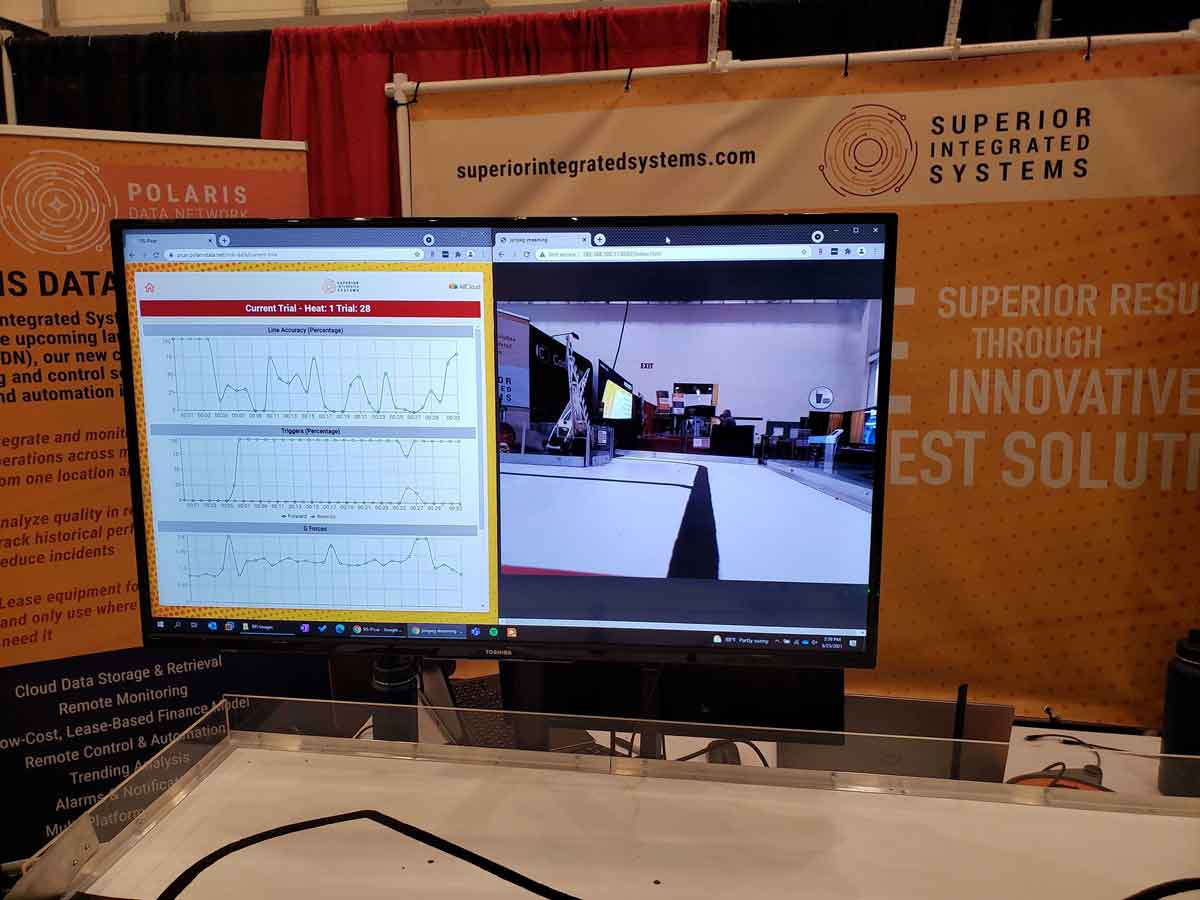 Superior Integrated Systems booth at Advance Manufacturing Expo showing Labview results for race car game